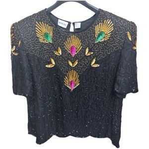 DENISE ELLE 80’s Black Silk Peacock Beaded & Sequined Cocktail Formal Blouse 2X